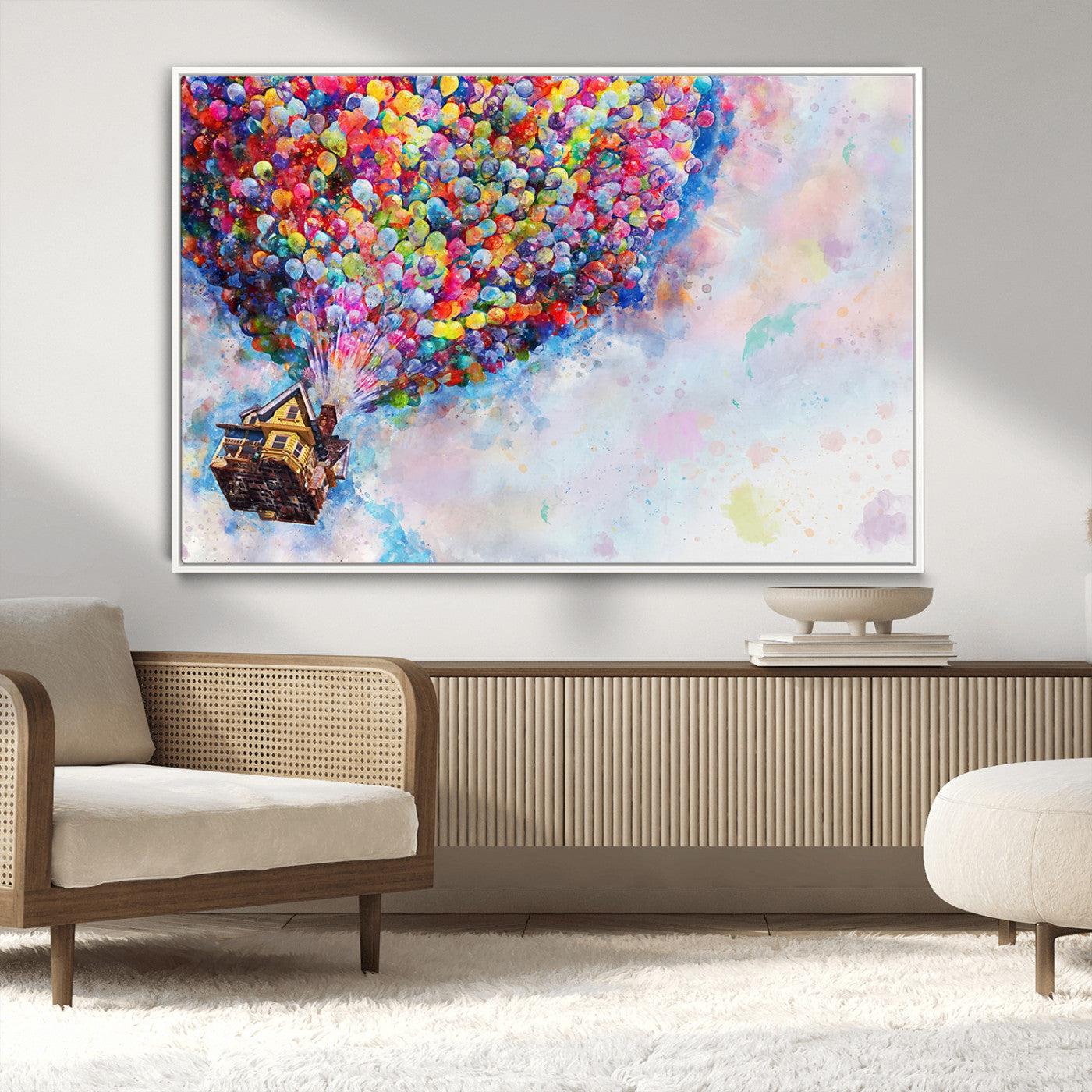 Whimsical canvas of the house from the movie Up flying with colorful balloons, ideal for Pixar or animation-themed decor.