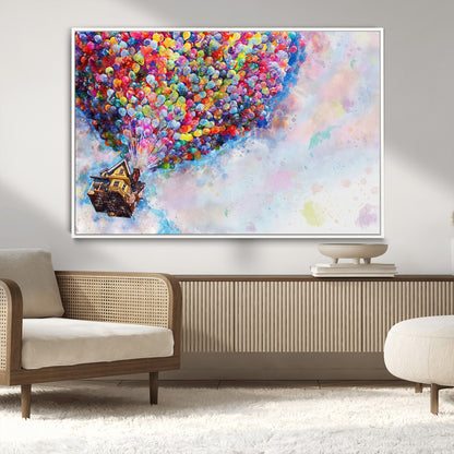 Whimsical canvas of the house from the movie Up flying with colorful balloons, ideal for Pixar or animation-themed decor.