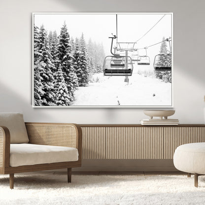 Black and white canvas of empty ski lifts over a snowy pine forest, perfect for minimal winter or ski lodge-inspired decor.