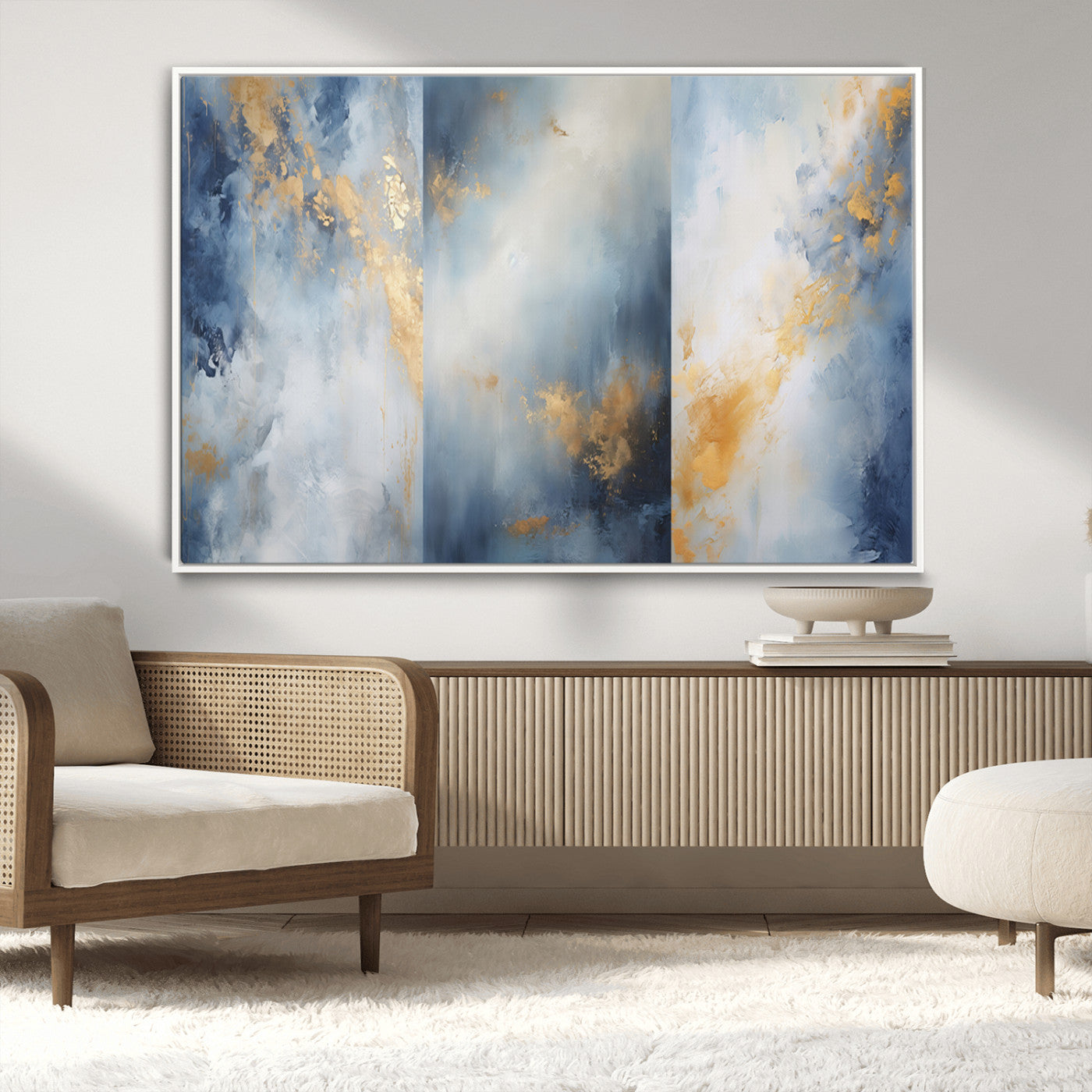 Abstract canvas art in soft blue and gold tones with textured brushstrokes, ideal for elegant or modern neutral decor spaces.