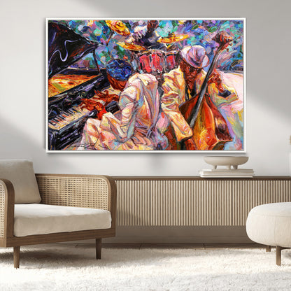 Vibrant oil painting of a jazz band with piano, saxophone, and bass, ideal for colorful and expressive music-themed home decor.