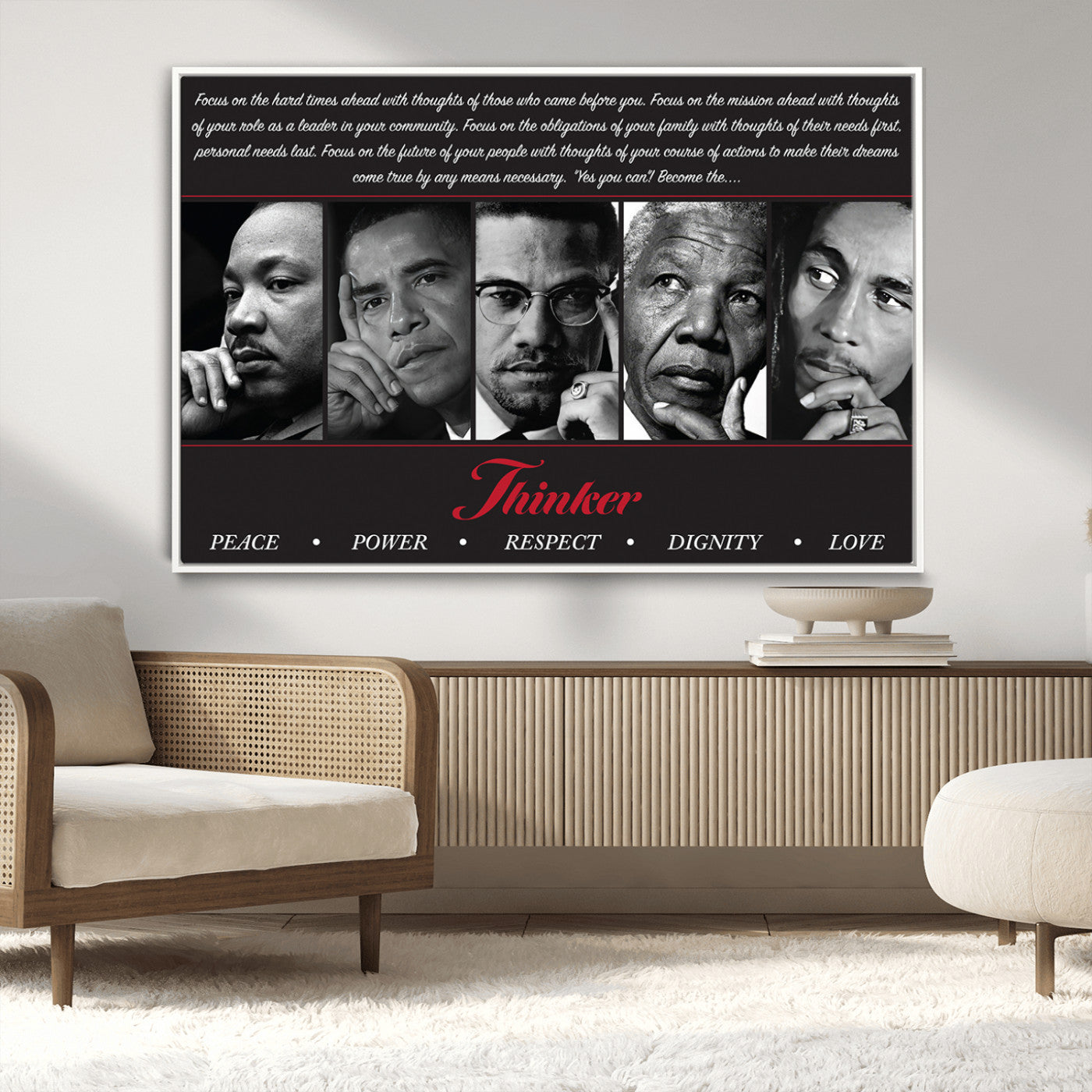 Monochrome canvas of iconic Black leaders with a powerful quote, perfect for modern spaces with a cultural or motivational theme.