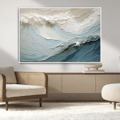 Textured canvas of ocean waves in soft coastal blues and creamy whites, ideal for modern or minimalist coastal-style interiors.