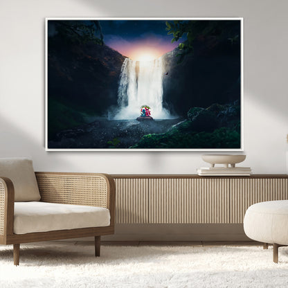 Romantic scene of Stitch and Angel sitting under a leaf in front of a glowing waterfall, ideal for tropical or fantasy-themed decor.