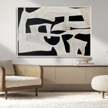 Minimalist black and white canvas featuring bold abstract textures and geometric shapes, ideal for modern neutral decor.