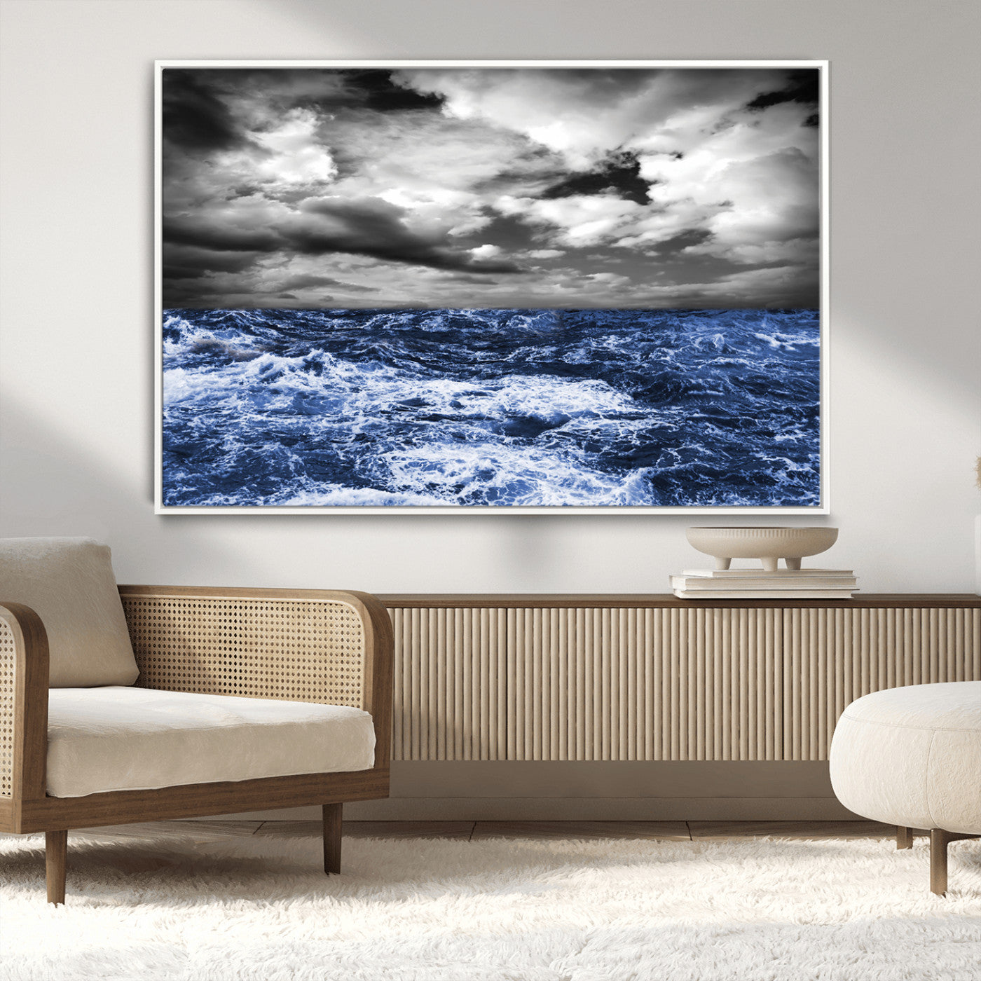 Moody canvas wall art of a stormy ocean under a dramatic black-and-white sky, perfect for bold or coastal-style interiors.