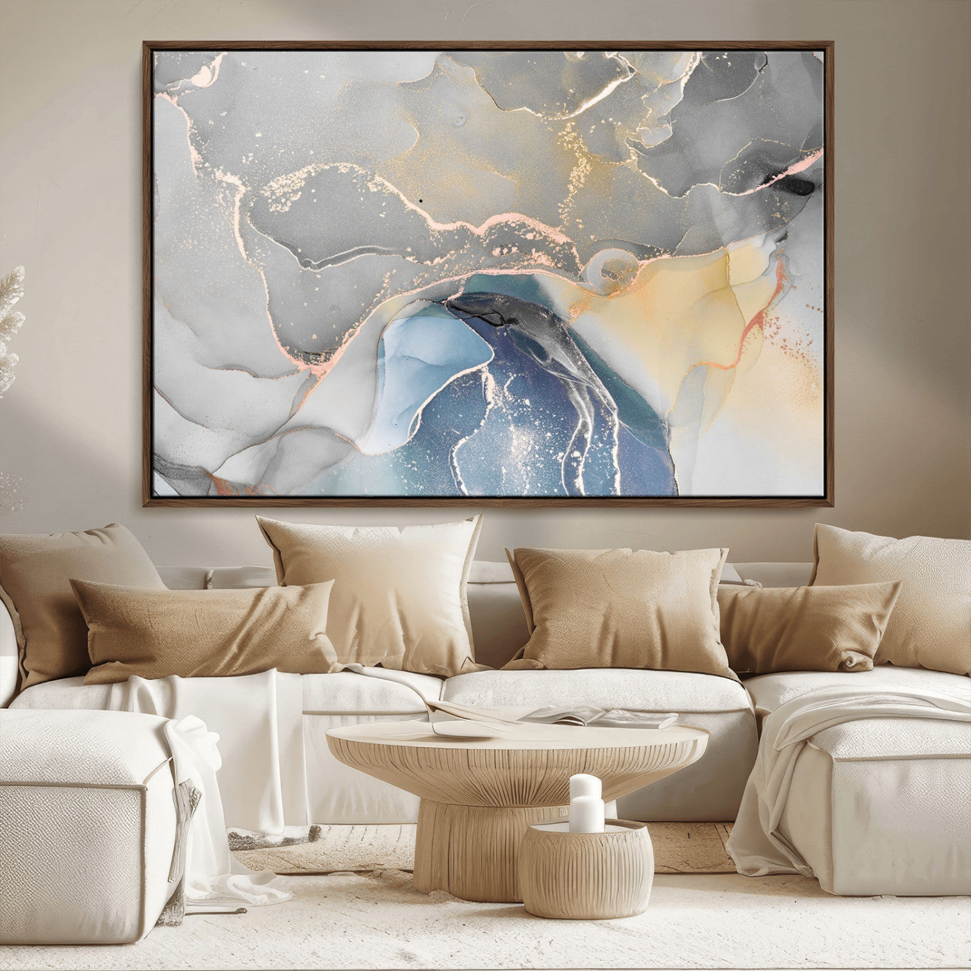 -Abstract Fluid Art Wall Decor – Blue, Gray & Gold Canvas Print, Modern Home and Office Wall Art Decor for Living Room, Bedroom or Workspace