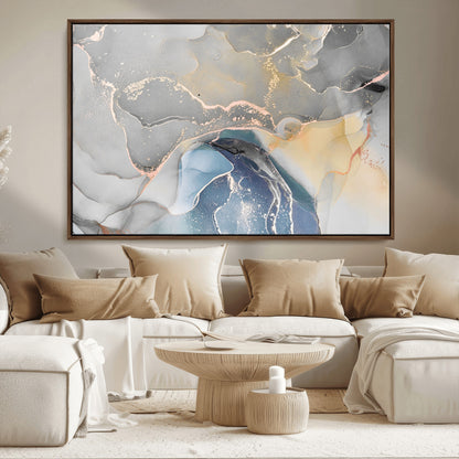 -Abstract Fluid Art Wall Decor – Blue, Gray & Gold Canvas Print, Modern Home and Office Wall Art Decor for Living Room, Bedroom or Workspace