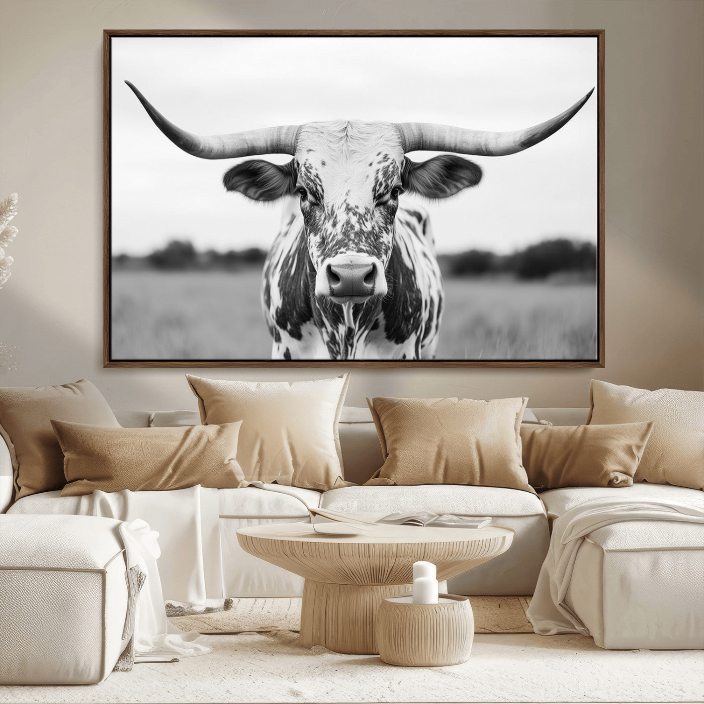 Capture the strength and elegance of nature with this striking black and white portrait of a longhorn cow. Its powerful presence makes a bold statement in any room.