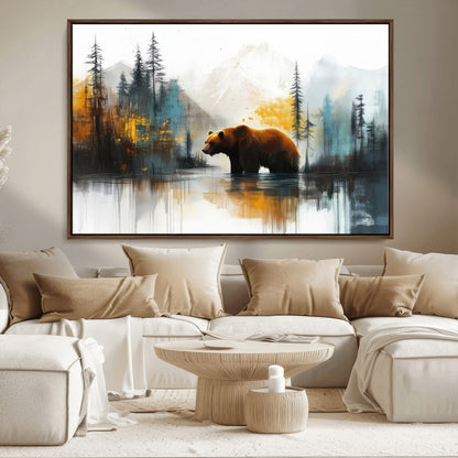 A majestic bear stands by the serene waters of a misty forest, surrounded by towering trees and distant mountains, evoking the raw beauty and wild spirit of nature.