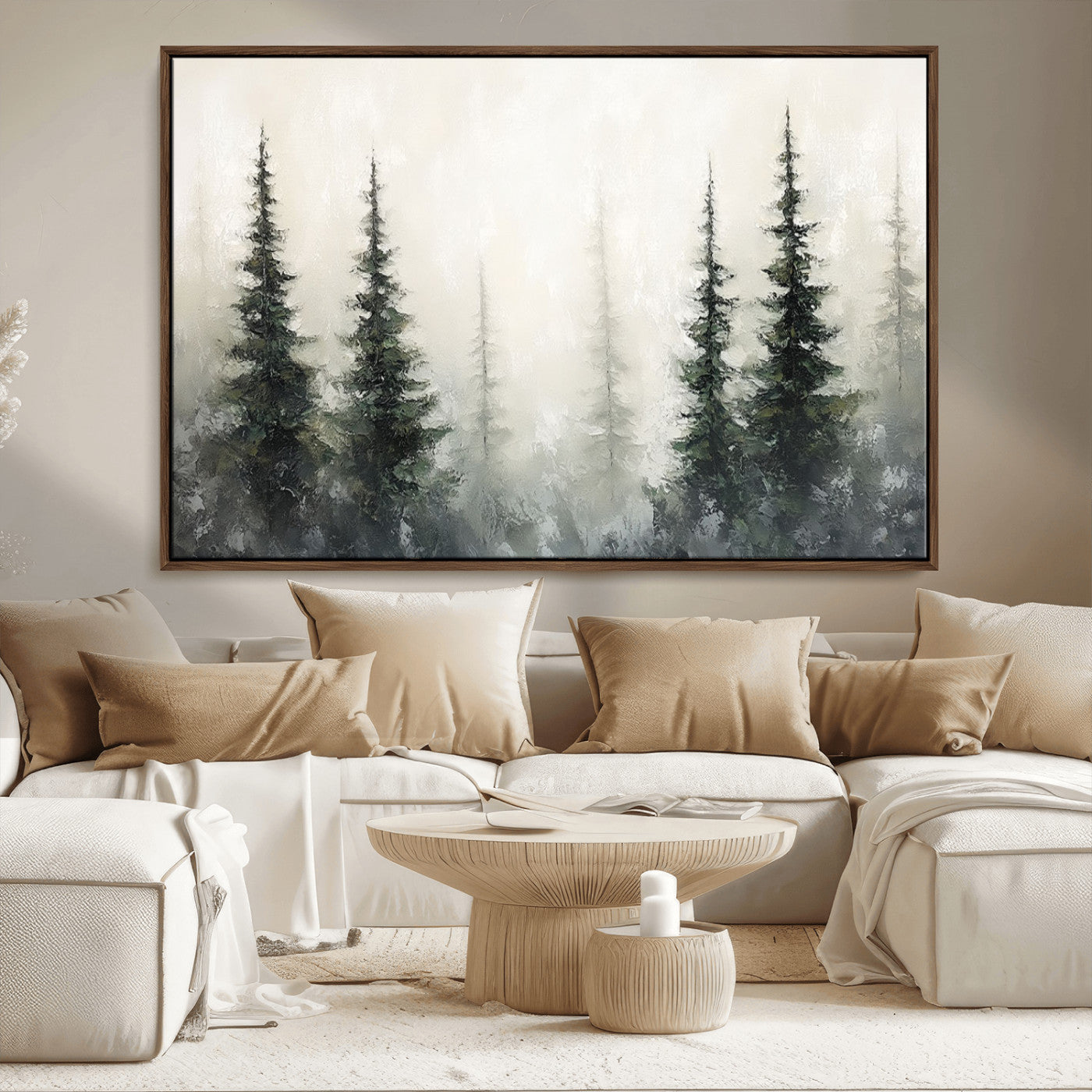 Soft and misty pine forest painting in neutral earthy tones, ideal for calm woodland or minimalist rustic home decor.