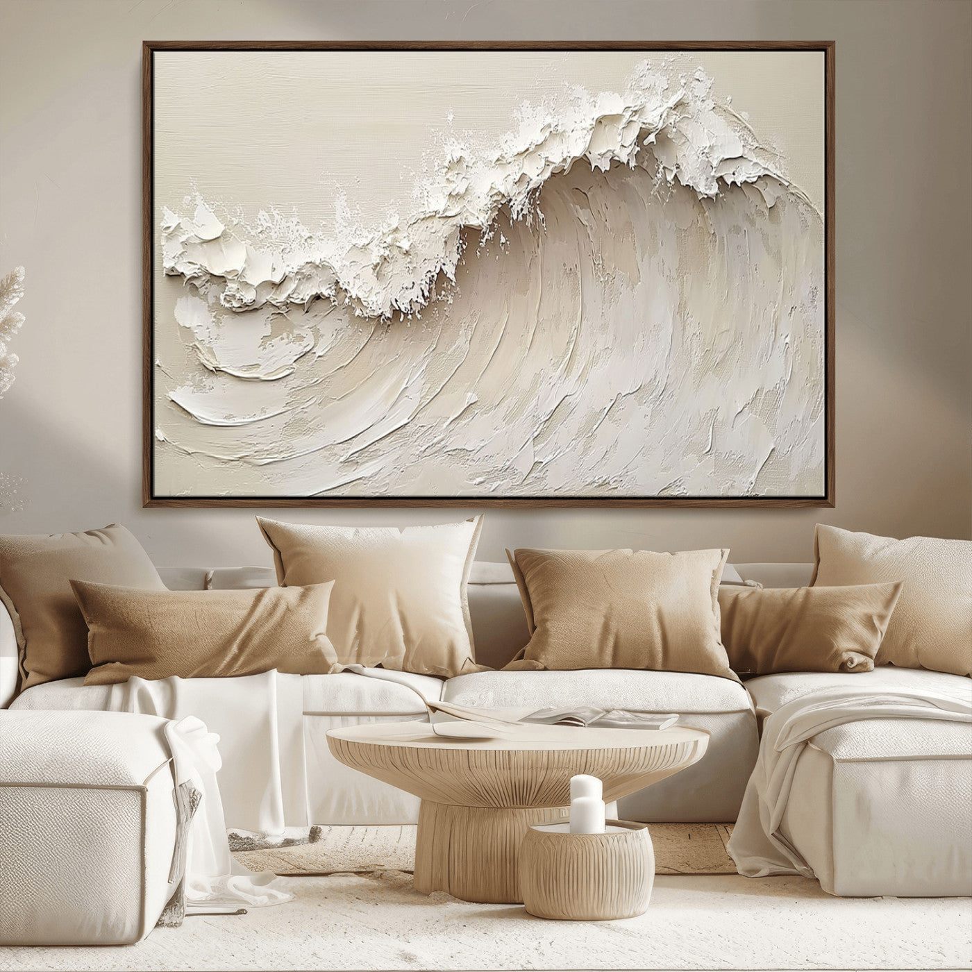 Textured canvas of an abstract white ocean wave in neutral tones, ideal for modern coastal or minimalist home decor.