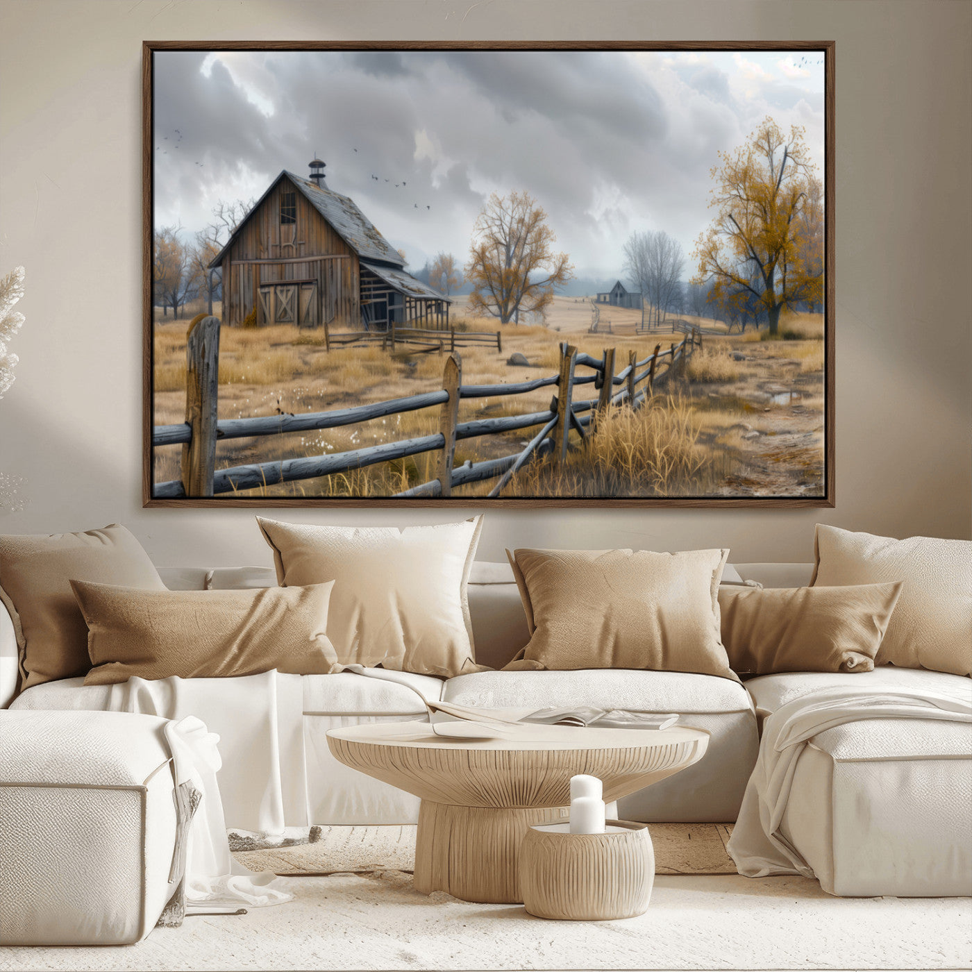 A tranquil rural scene featuring a rustic barn, overcast skies, and golden fields with scattered trees, evoking a sense of peaceful solitude in nature.
