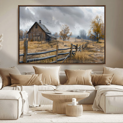 A tranquil rural scene featuring a rustic barn, overcast skies, and golden fields with scattered trees, evoking a sense of peaceful solitude in nature.
