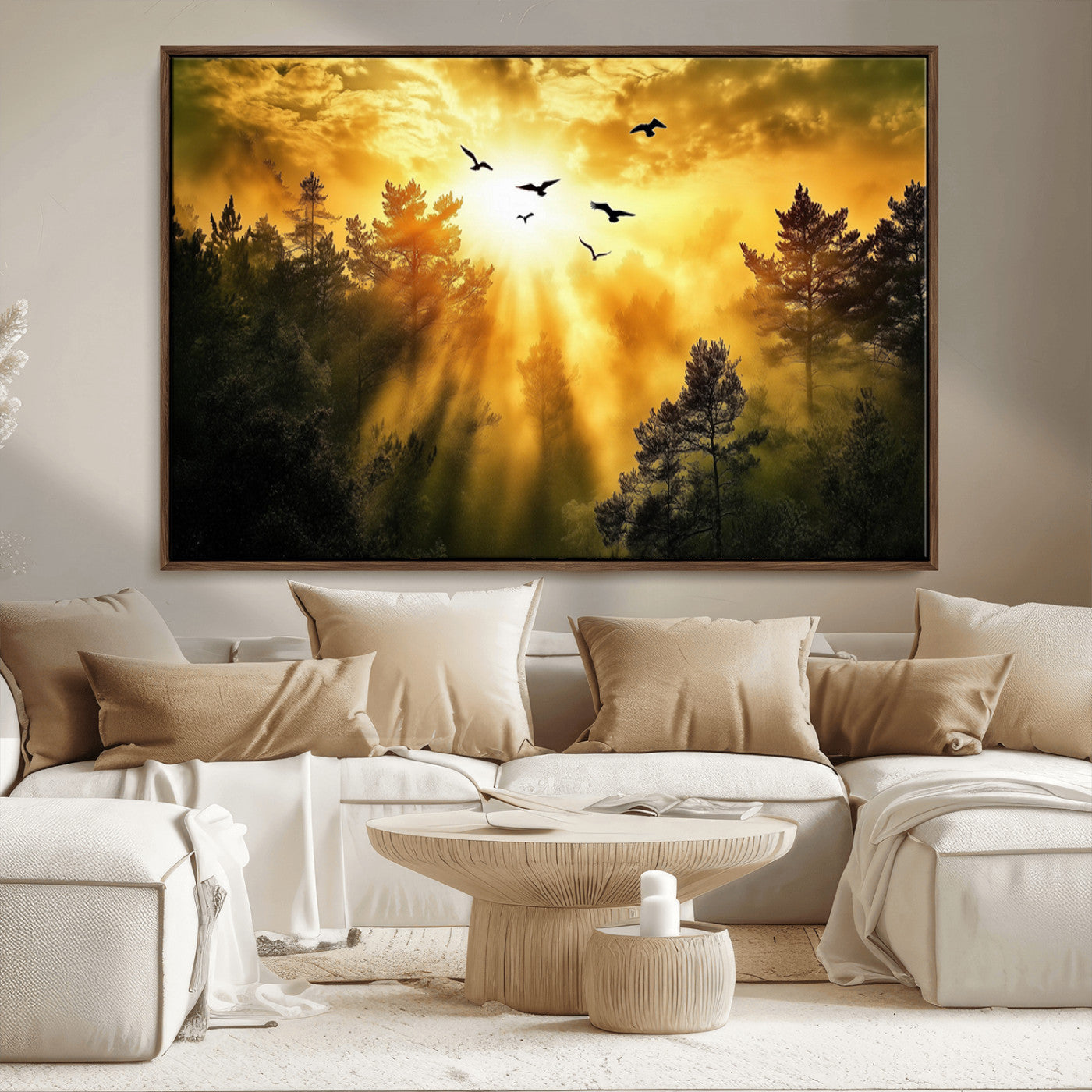 Canvas of a golden forest at sunset with birds flying through glowing sunbeams and silhouetted pine trees, ideal for warm-toned rustic decor.