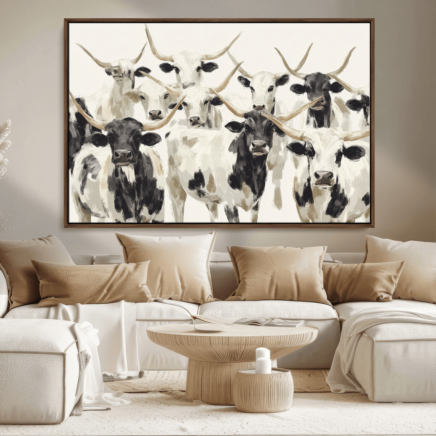 Canvas of a Texas Longhorn cattle herd in neutral black and white tones, ideal for rustic farmhouse or western-themed decor.