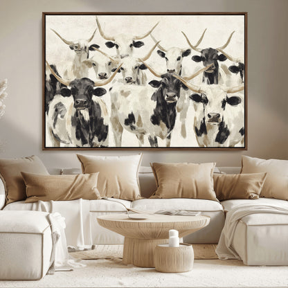 Canvas of a Texas Longhorn cattle herd in neutral black and white tones, ideal for rustic farmhouse or western-themed decor.