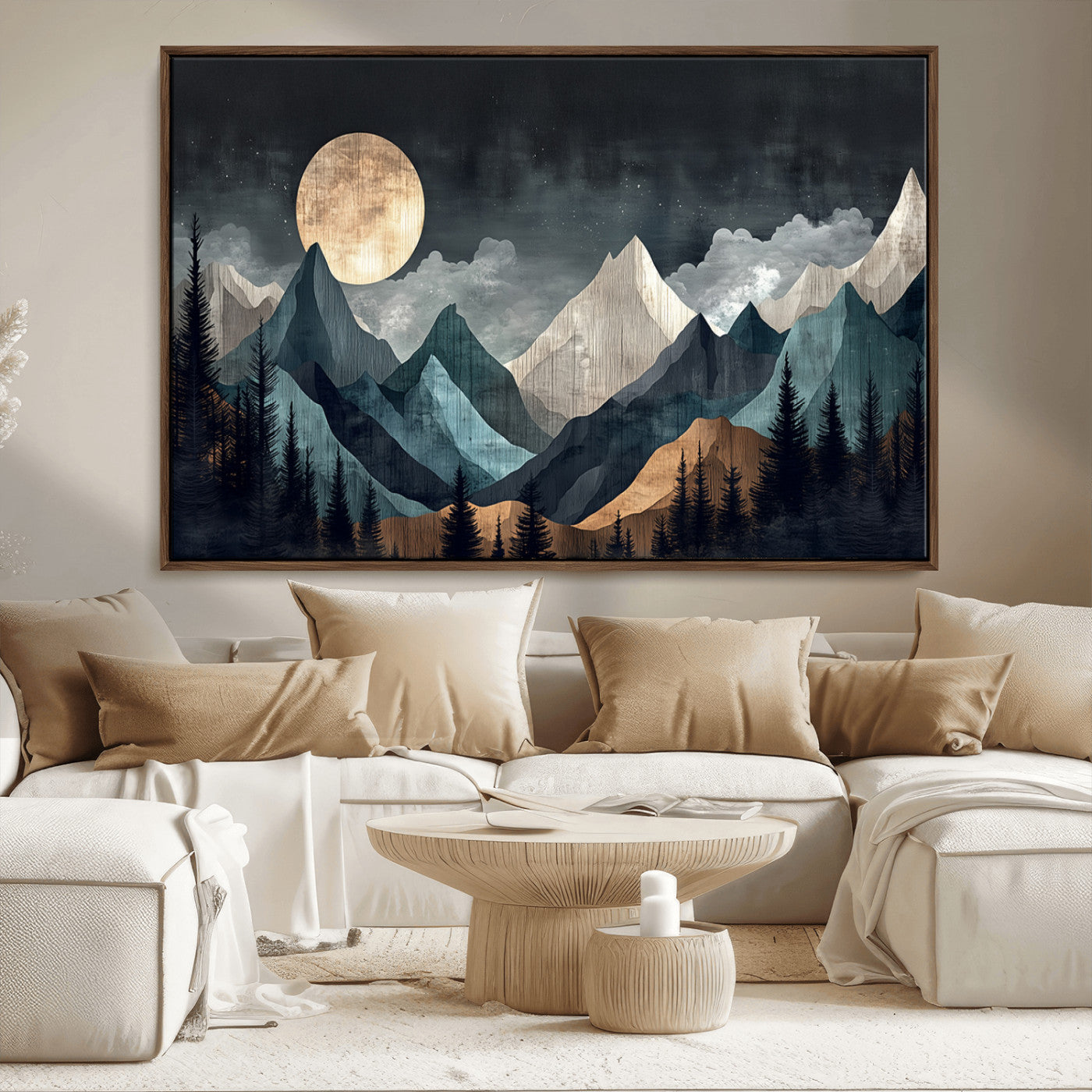 Stylized canvas of layered mountains under a full moon in neutral moody tones, ideal for nature-inspired or modern rustic interiors.