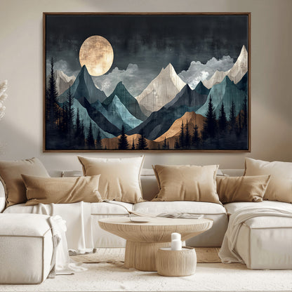 Stylized canvas of layered mountains under a full moon in neutral moody tones, ideal for nature-inspired or modern rustic interiors.