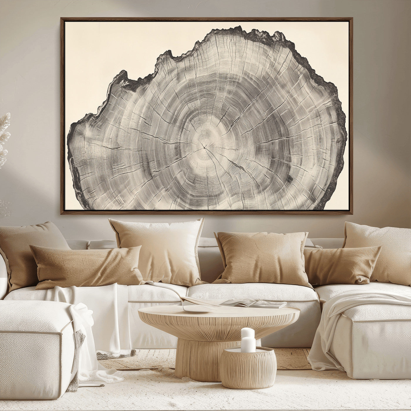 Detailed tree ring drawing in monochrome tones, ideal for rustic or nature-inspired interiors with a minimal decor aesthetic.