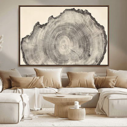 Detailed tree ring drawing in monochrome tones, ideal for rustic or nature-inspired interiors with a minimal decor aesthetic.