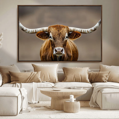 Close-up of a Texas Longhorn with strong curved horns and warm brown tones, perfect for rustic or western-style wall decor.