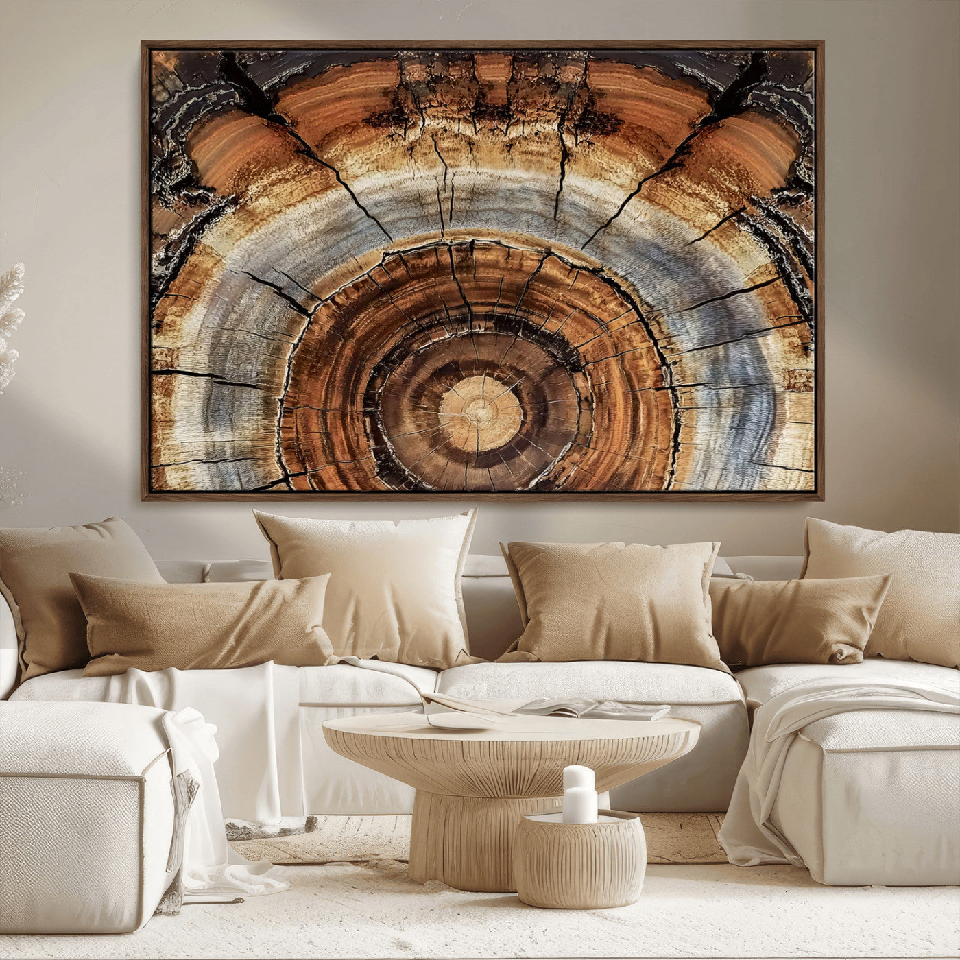 Canvas of tree rings and natural wood grain in earthy tones, ideal for rustic or vintage-inspired home decor with organic textures.