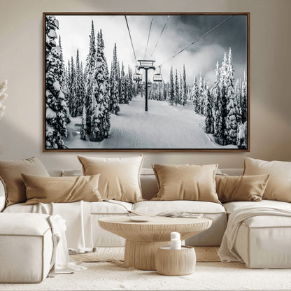 Canvas of a snowy ski lift scene through a forest of tall pine trees, ideal for moody winter or alpine-themed home decor.