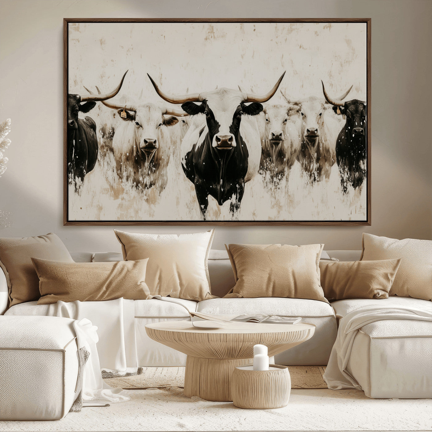 Illustrated herd of longhorn cattle in black and white tones with a neutral textured background, perfect for rustic or farmhouse-style decor.
