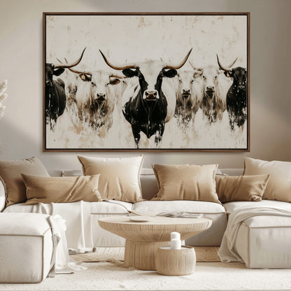 Illustrated herd of longhorn cattle in black and white tones with a neutral textured background, perfect for rustic or farmhouse-style decor.