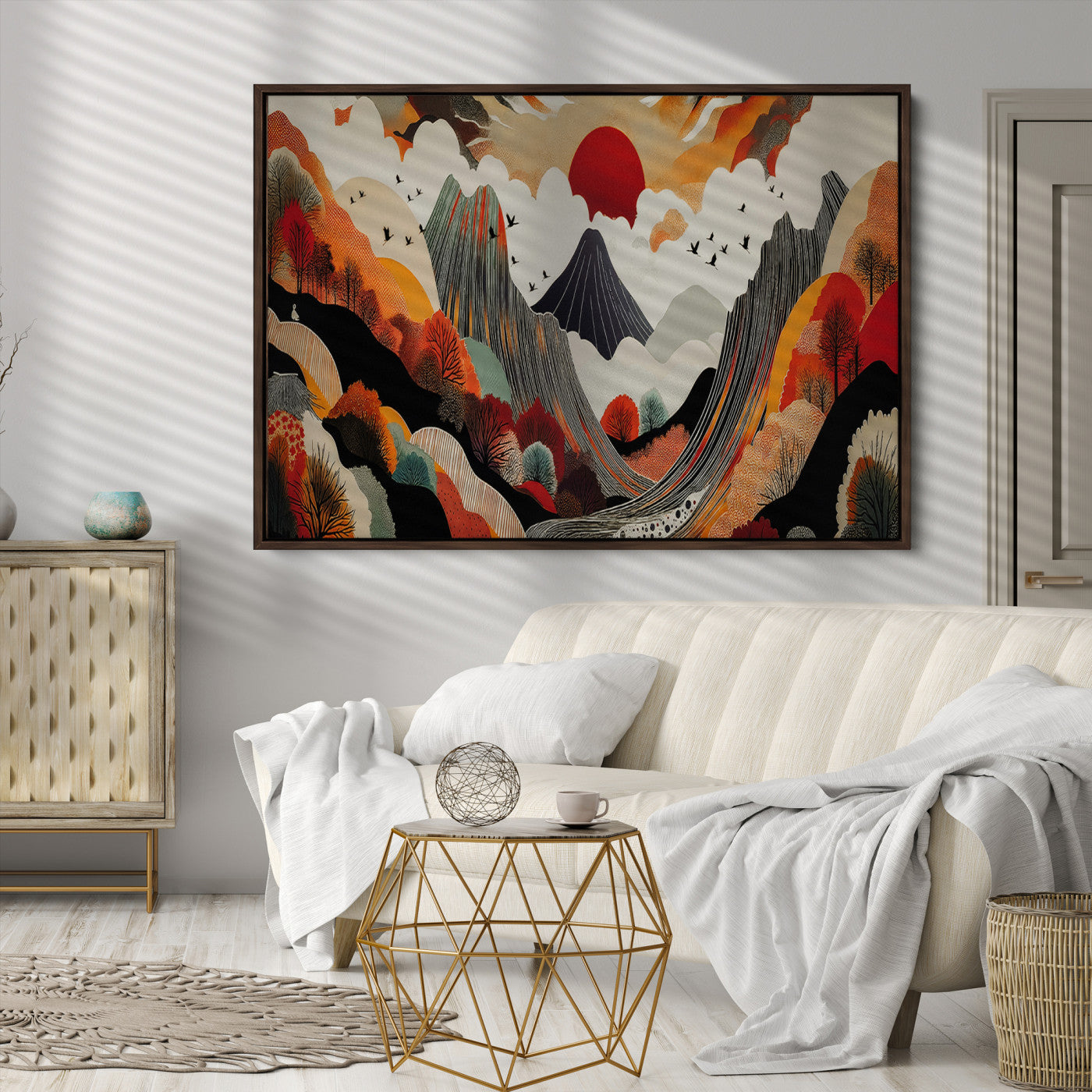 Abstract Mountain Wall Art Canvas Print, Vibrant Landscape Print, Framed Stylized Nature Drawing Art Print, Large Sunset Mountains Printing Perfect for Contemporary Minimalist Decor