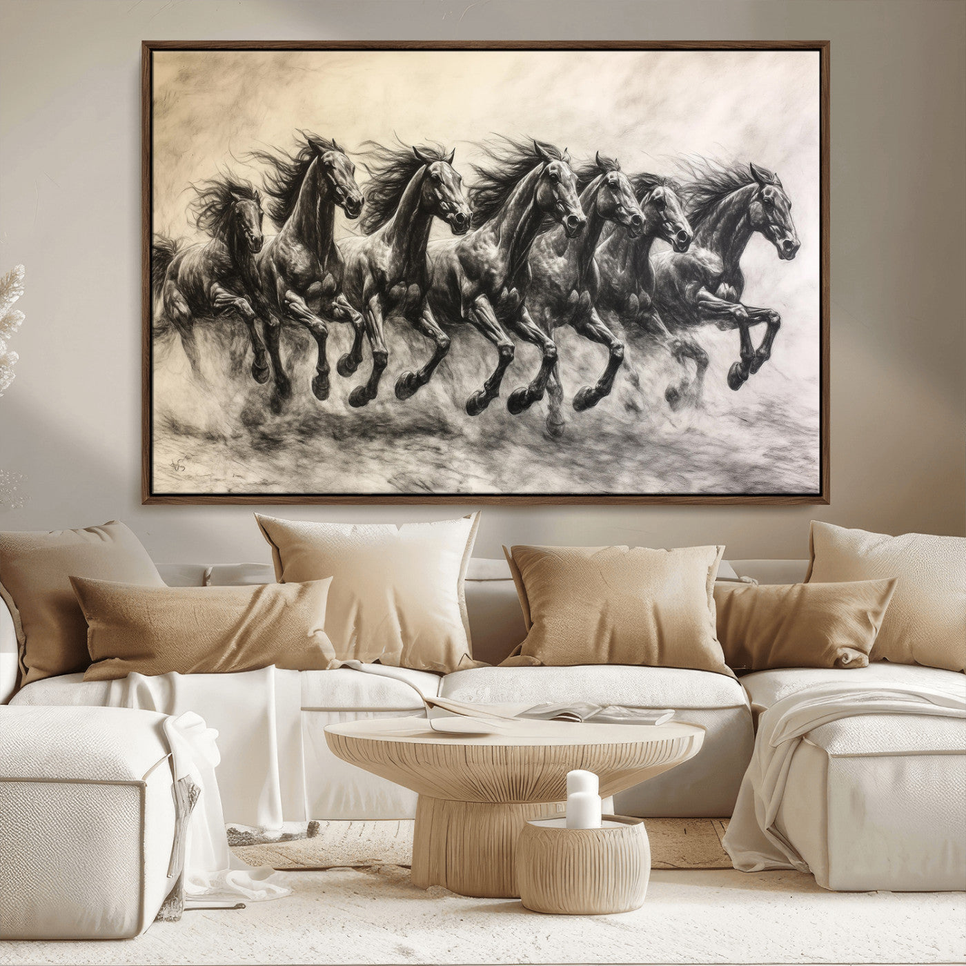 Monochrome drawing of a herd of galloping horses, perfect for dynamic and wild-themed decor in any equestrian or nature-inspired room.
