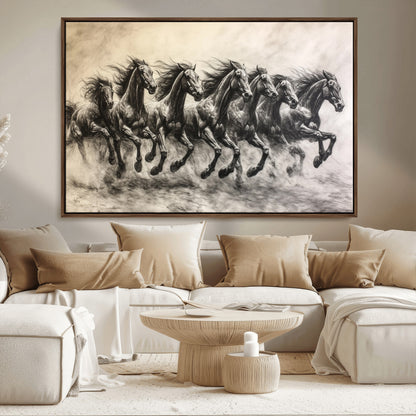 Monochrome drawing of a herd of galloping horses, perfect for dynamic and wild-themed decor in any equestrian or nature-inspired room.