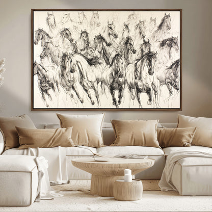 Monochrome ink sketch of galloping horses in dynamic motion, perfect for western or equine-themed wall decor with bold artistic energy.