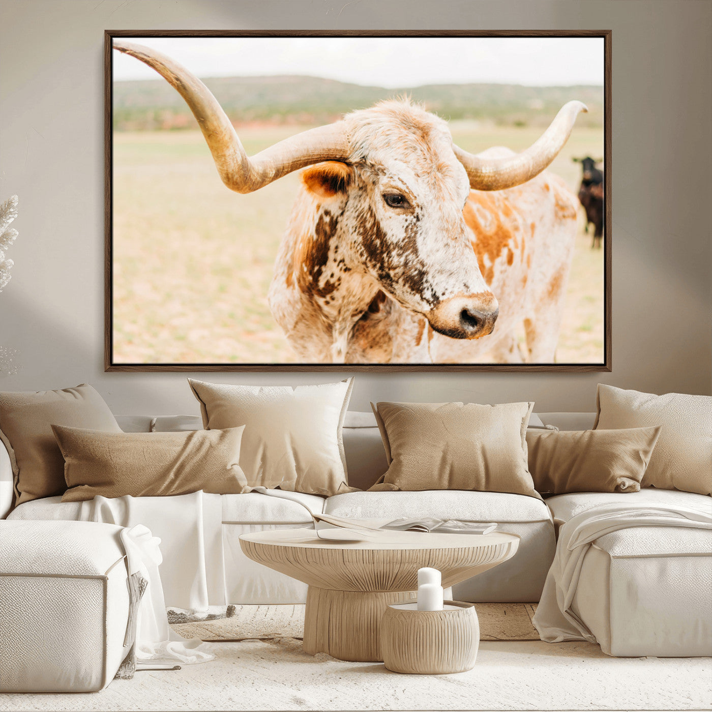 Close-up of a speckled Texas Longhorn in warm prairie tones, perfect for rustic western or countryside-themed room decor.