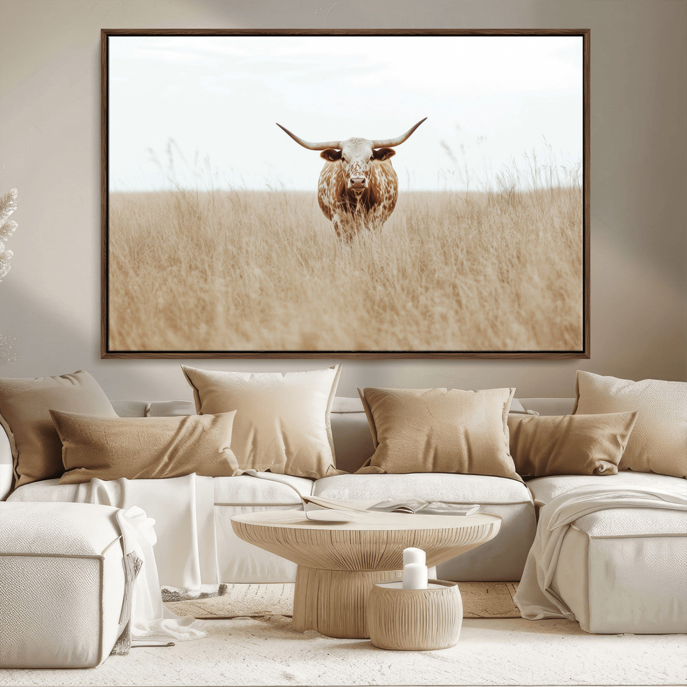 Texas Longhorn bull standing alone in dry grass with neutral tones, ideal for rustic western or cowboy-themed wall decor.