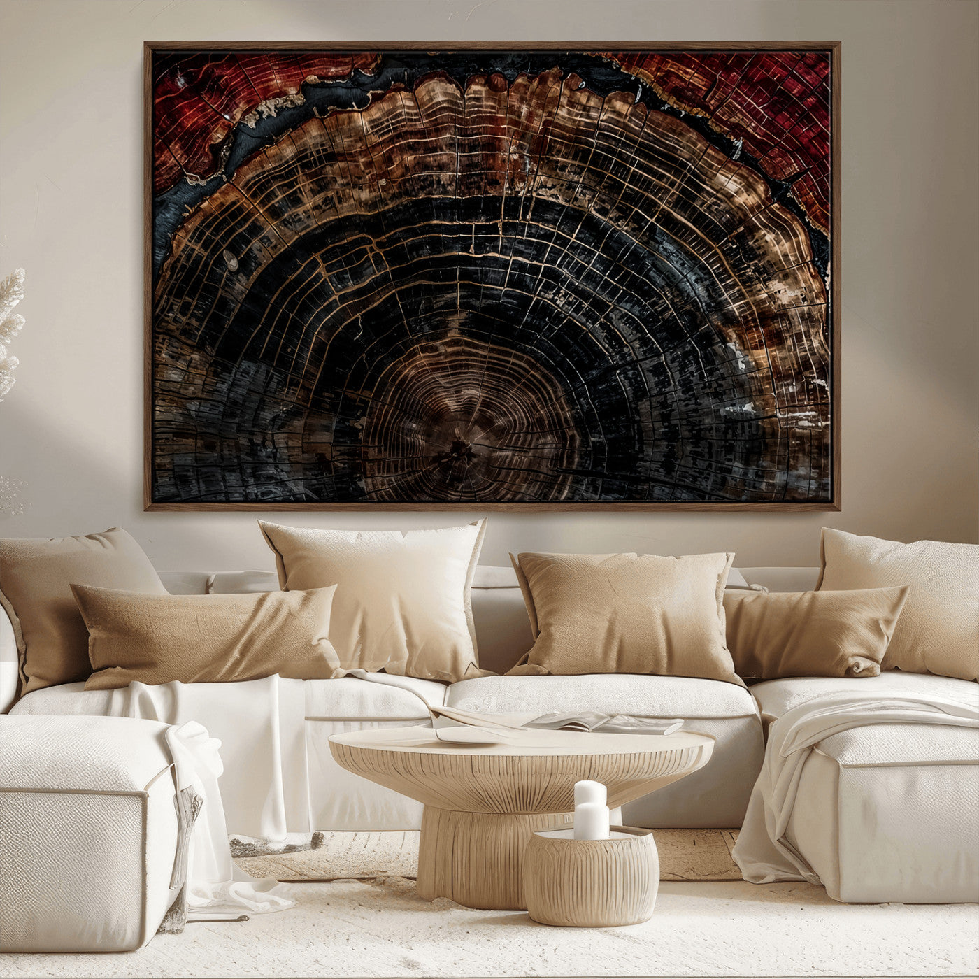 Dark Wood Wall Art Print - Petrified Tree Canvas Print, featuring an intricate tree ring pattern with deep earthy tones and organic textures, perfect for rustic and nature-inspired decor.