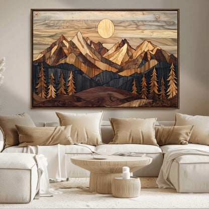 Mountain Landscape Wall Art Print - Sunset Hills Canvas Print, featuring an abstract nature scene with earthy tones and misty peaks, perfect for boho and modern decor.