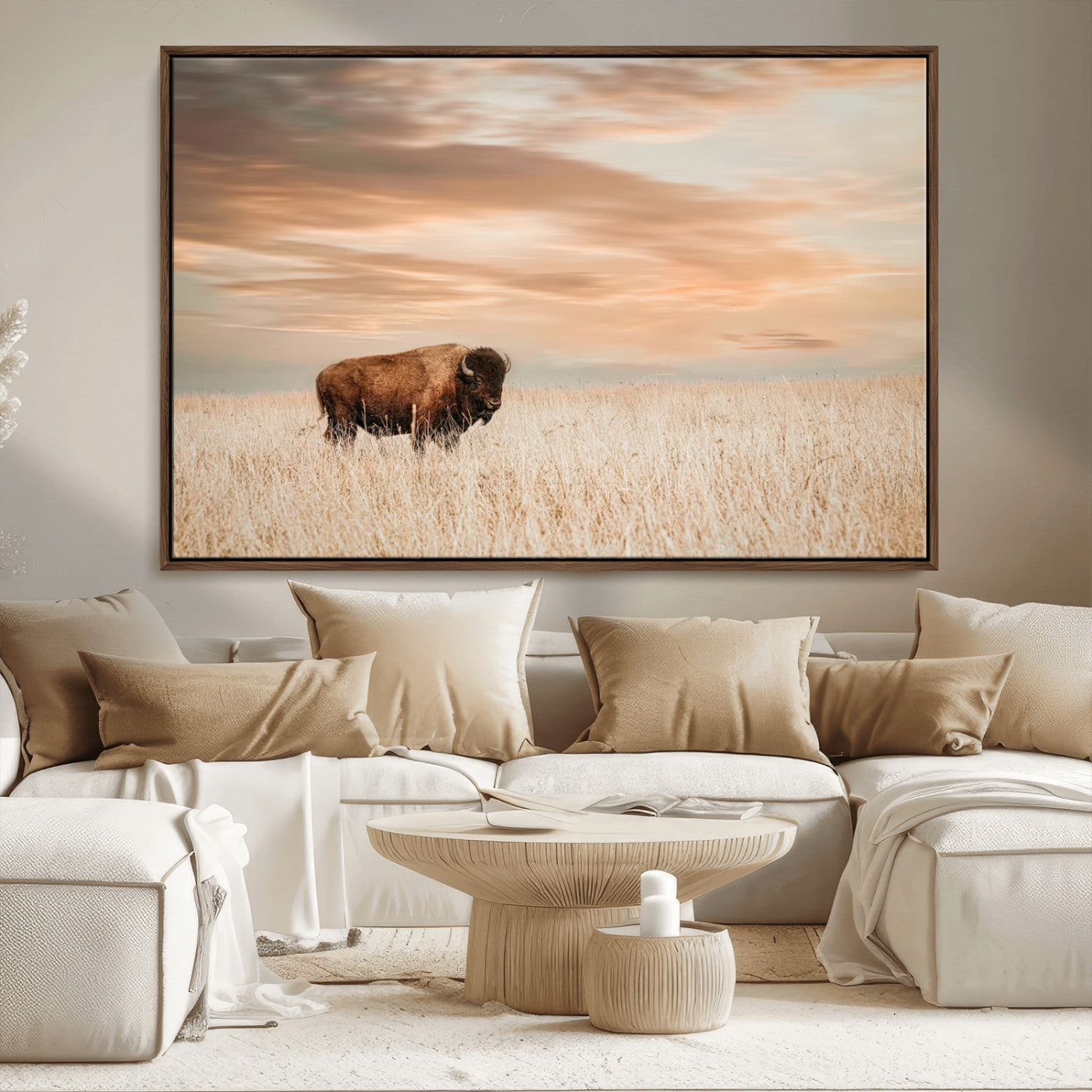 Bison Wall Art Print - Buffalo Canvas Print, featuring a lone bison in a golden prairie under a warm sunset sky, perfect for rustic and farmhouse decor.