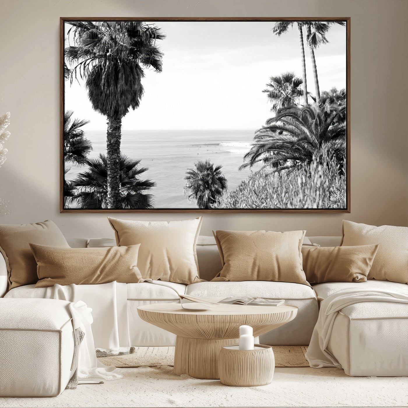 Monochrome canvas of palm trees framing a coastal surf scene, perfect for California-inspired or retro black-and-white beach decor.