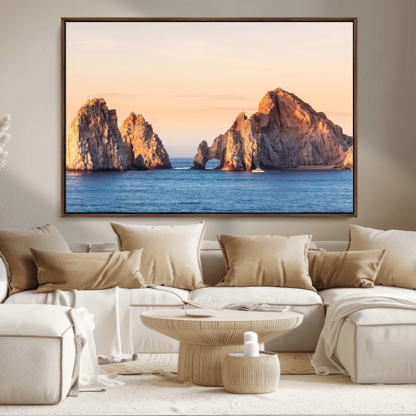 Framed canvas of El Arco rock formation in Cabo San Lucas at golden hour, ideal for coastal landmark or ocean-inspired decor.