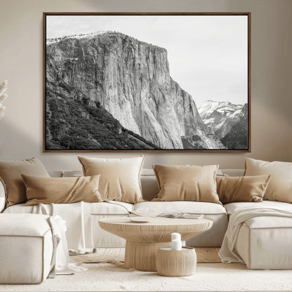 Monochrome canvas of El Capitan’s granite wall in Yosemite with snowy peaks, ideal for dramatic mountain or black-and-white nature decor.