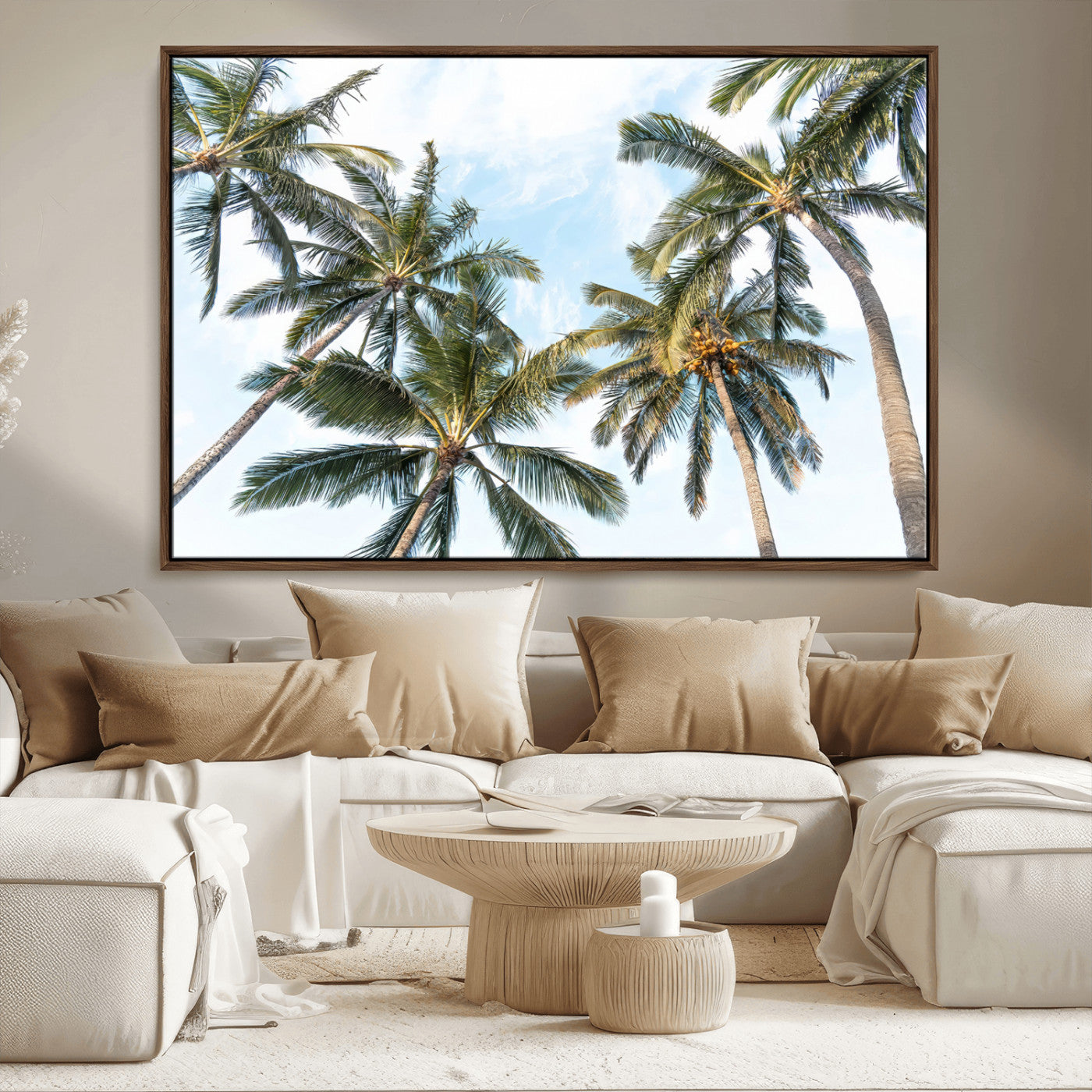 Framed canvas of tall palm trees reaching into a tropical sky, ideal for beach home or relaxed island-inspired wall decor.