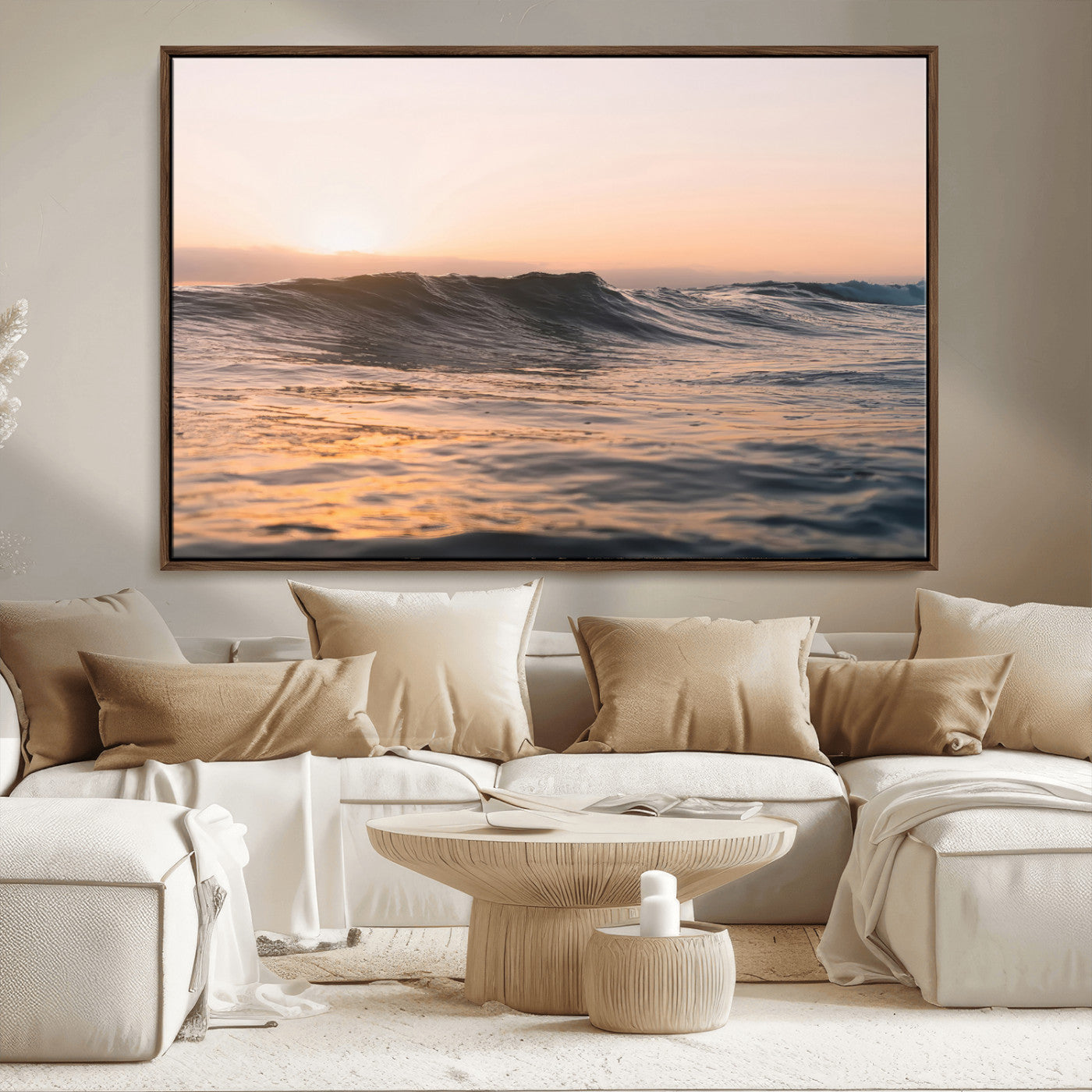 Framed canvas of ocean waves glowing in sunset light, ideal for golden hour calm or peaceful coastal-inspired wall decor.