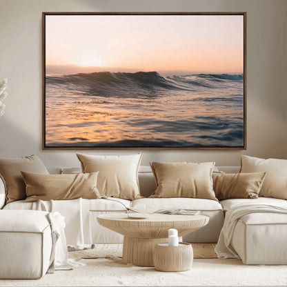 Framed canvas of ocean waves glowing in sunset light, ideal for golden hour calm or peaceful coastal-inspired wall decor.