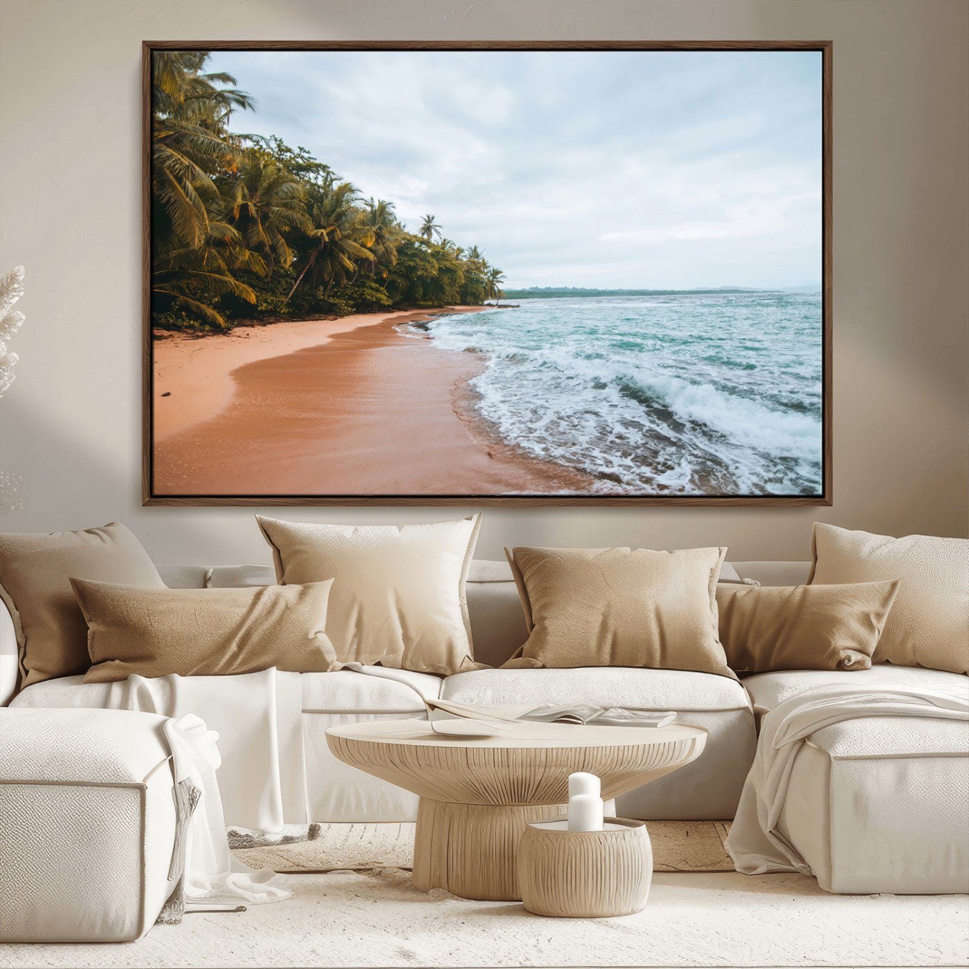 Framed canvas of a tropical beach with palm trees and soft waves, ideal for coastal escape or serene nature-inspired home decor.