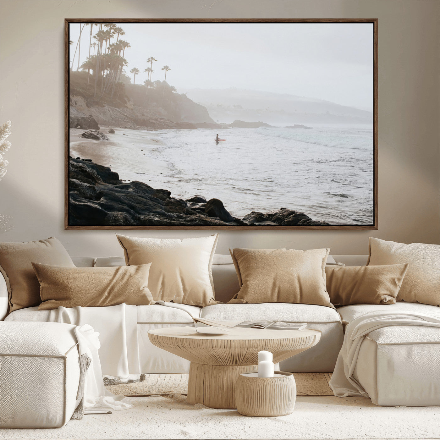 Framed canvas of a surfer in misty coastal tones at a foggy California beach, ideal for minimalist coastal beach or serene ocean-themed decor.