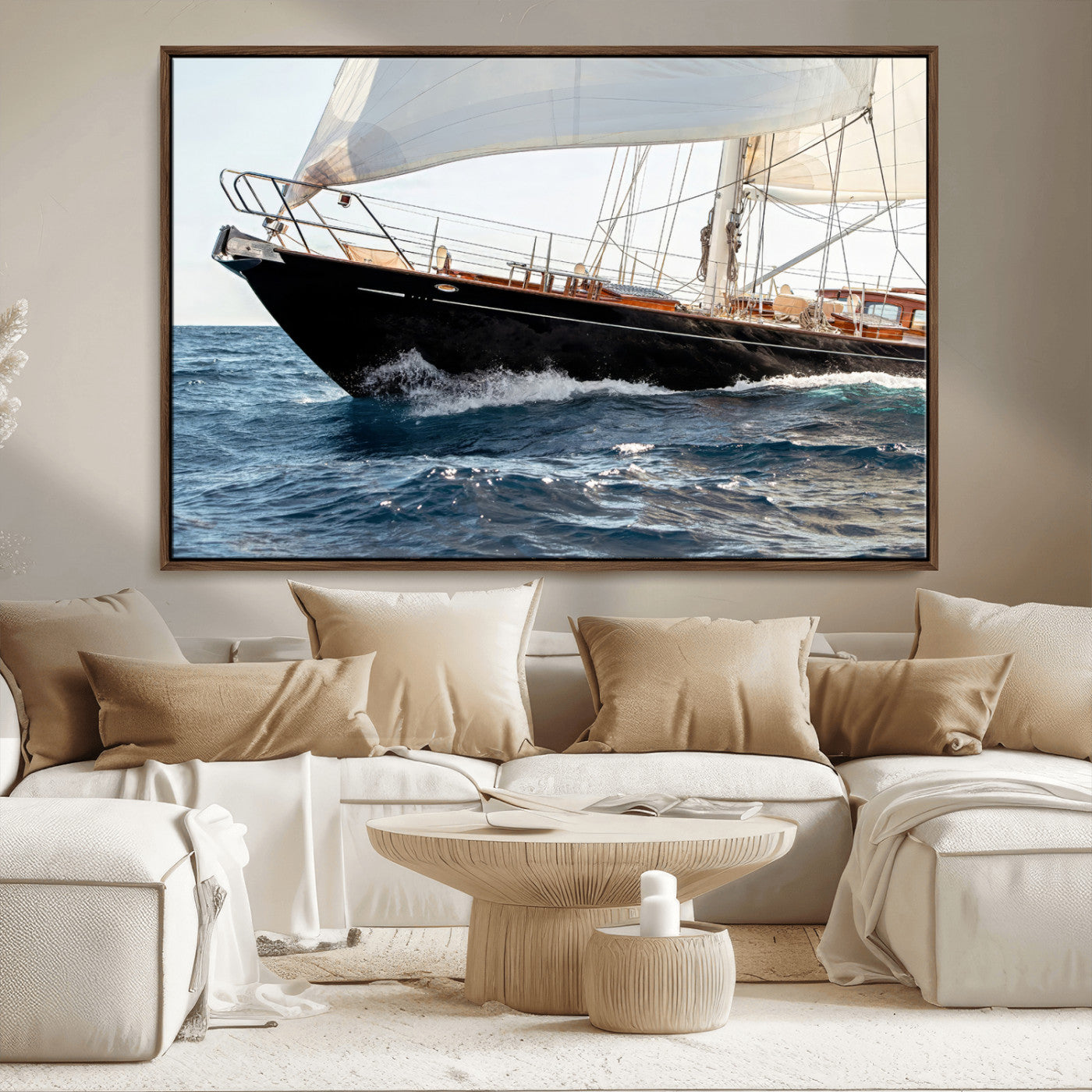 Close-up of a classic sailing yacht with wooden deck and full sails, perfect for nautical or coastal-style decor in ocean-themed spaces.
