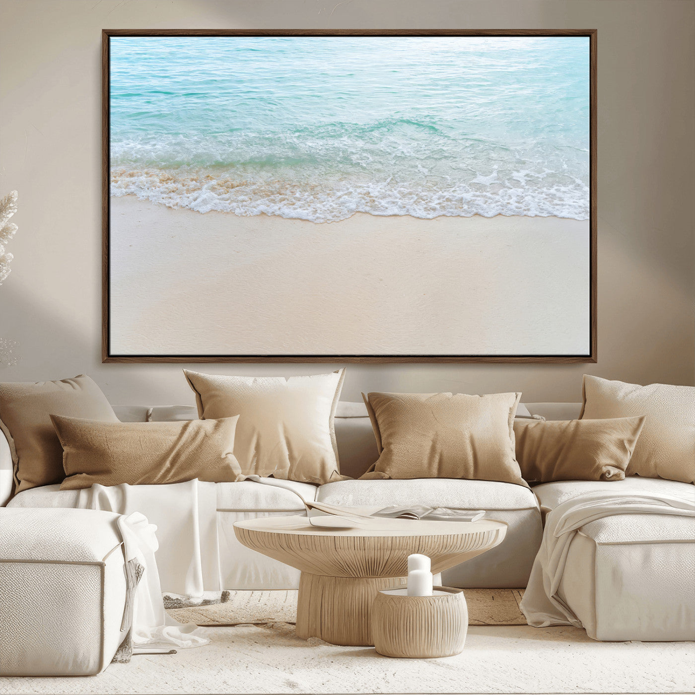 Soft shoreline with gentle aqua waves on smooth sand, ideal for minimalist coastal or pastel ocean-inspired home wall decor.