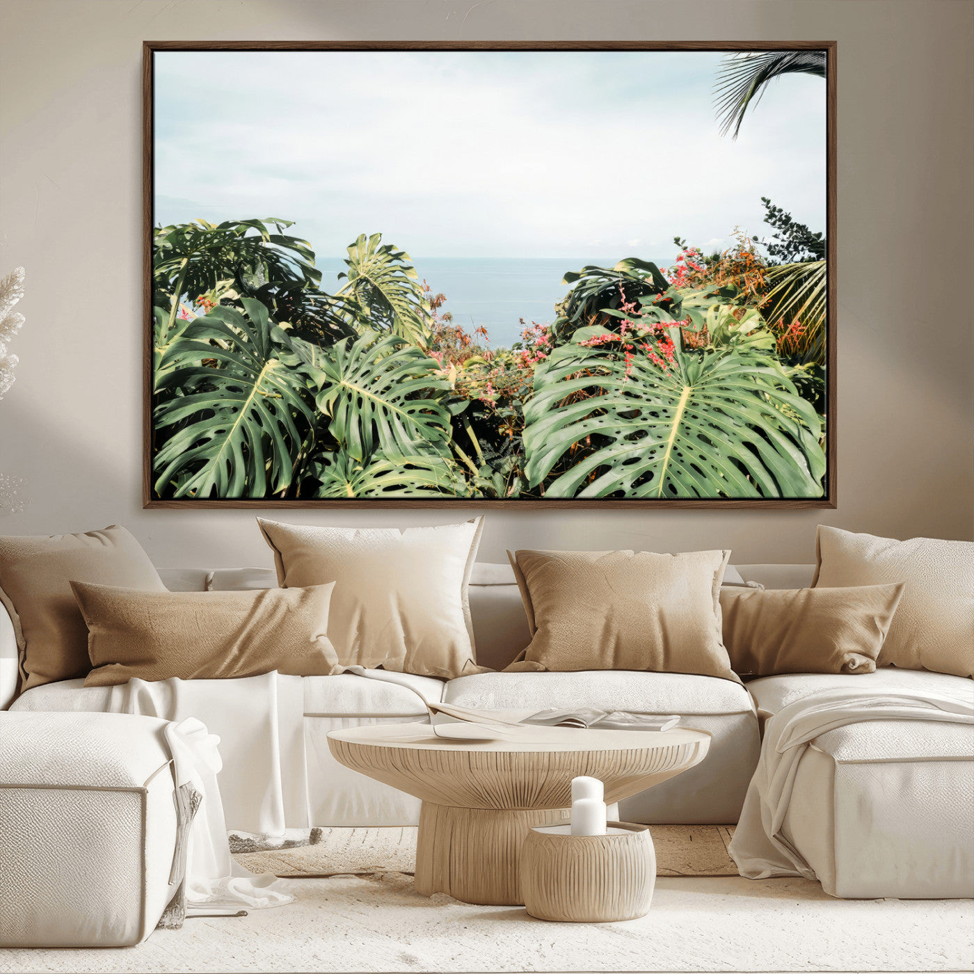 Monstera leaves and tropical flowers framing a calm ocean view, ideal for tropical coastal or exotic jungle-style interior wall decor.